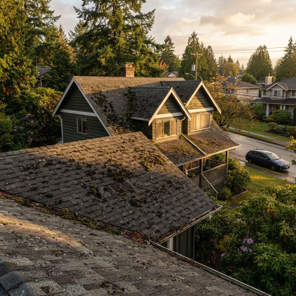 Coquitlam roof repair professional applying moss treatment to cedar shingles on a residential home