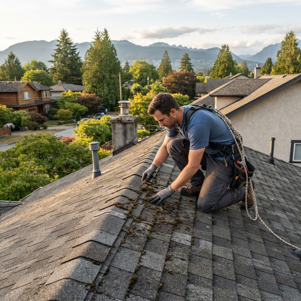 A technician performing a detailed roof inspection home for signs of moss and wear.
