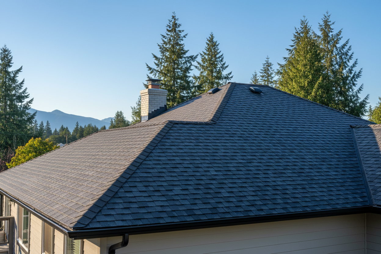 New architectural shingle roof after reroofing