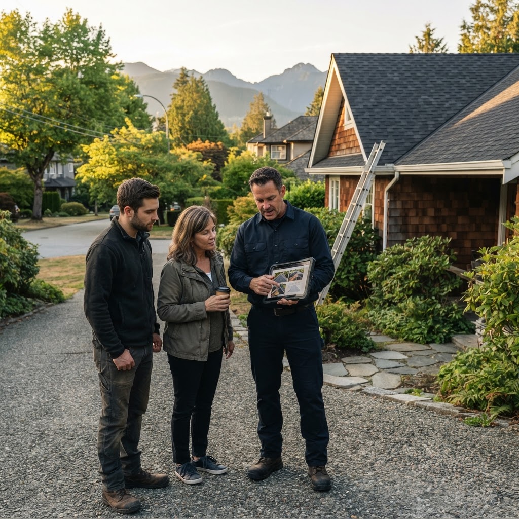 Trusted roofing contractors performing a roof inspection that Vancouver residents rely on for quality assurance.