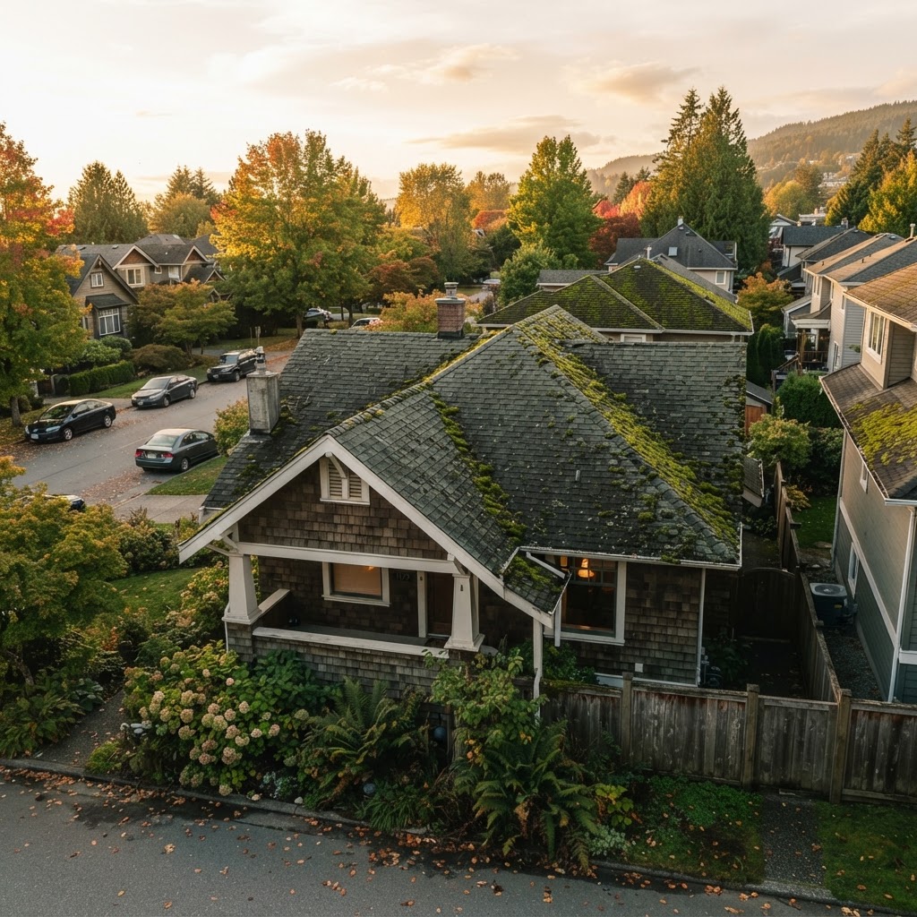 Coquitlam roof repair team treating moss growth on cedar shakes in a residential neighbourhood