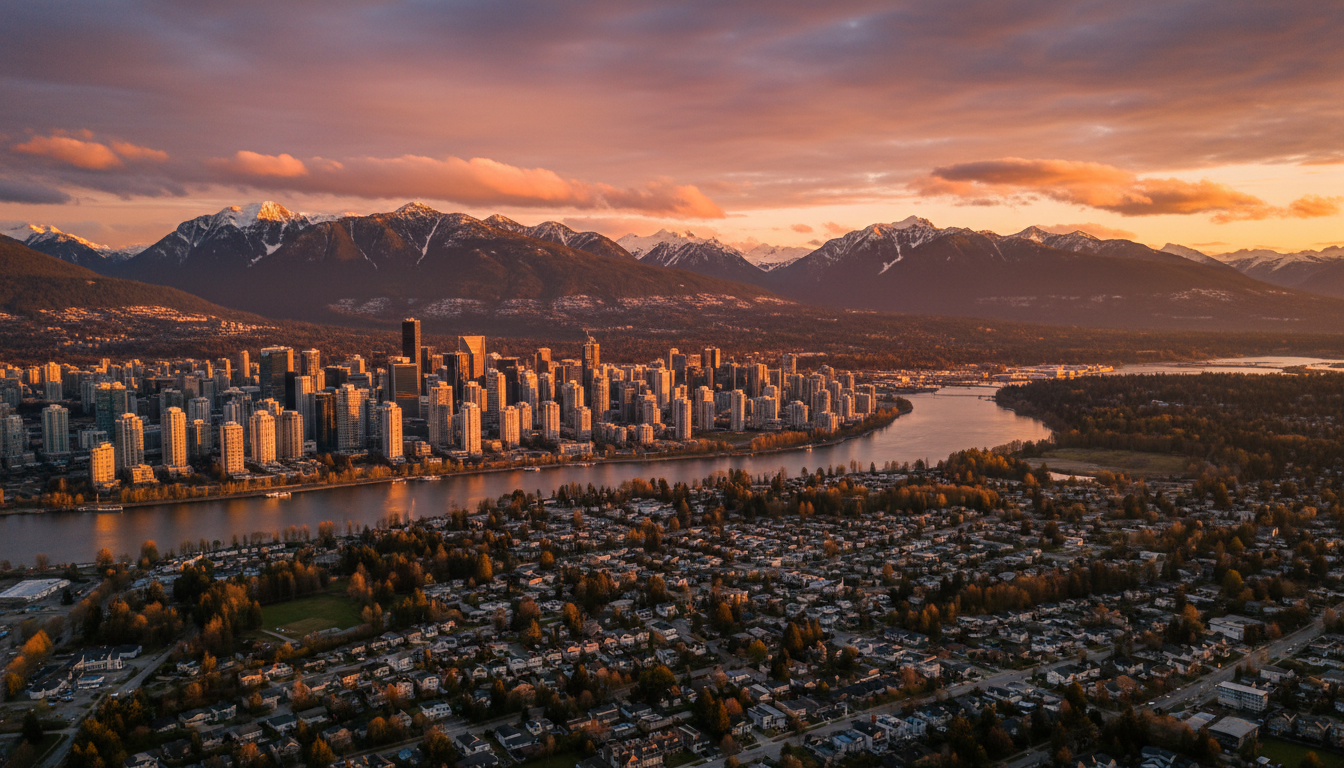 Aerial view of the Lower Mainland of British Columbia showing Red Maple Roofing service coverage
