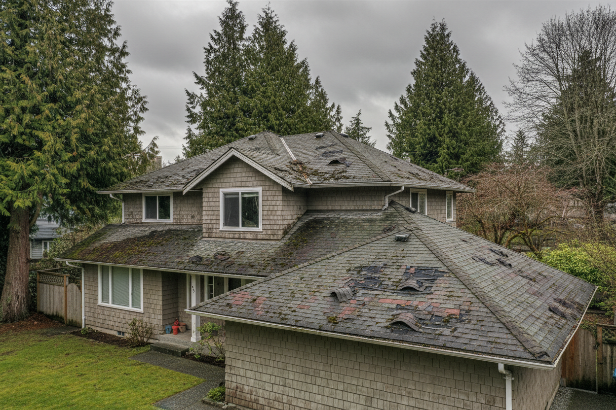 Old worn asphalt shingle roof before replacement in Vancouver BC