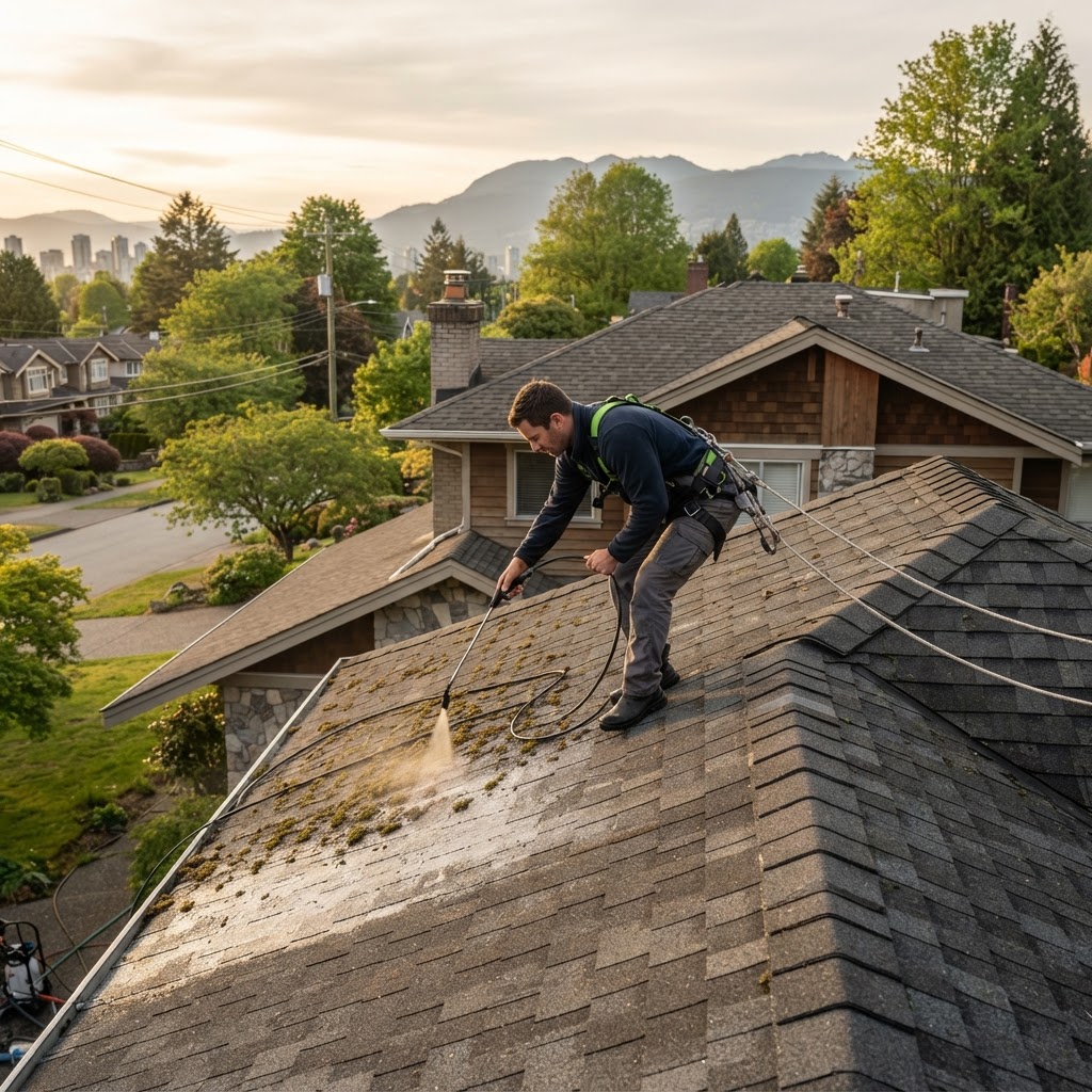A technician performing careful roof moss removal on a residential home