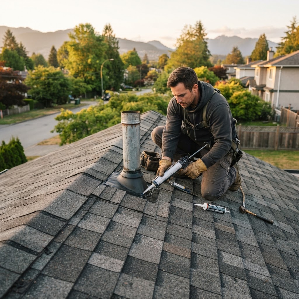 Professional roofing technician performing a roof inspection and addressing localized repair needs on an asphalt roof.