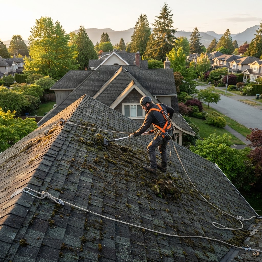 A technician wearing safety gear performing roof moss removal on a residential home