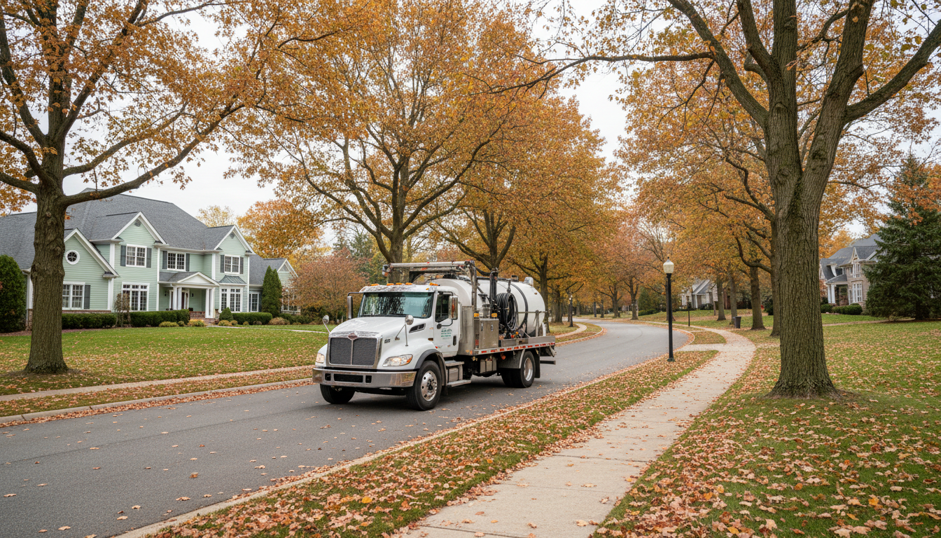Professional pressure washing truck and equipment parked on a tree-lined suburban street in Chagrin Falls