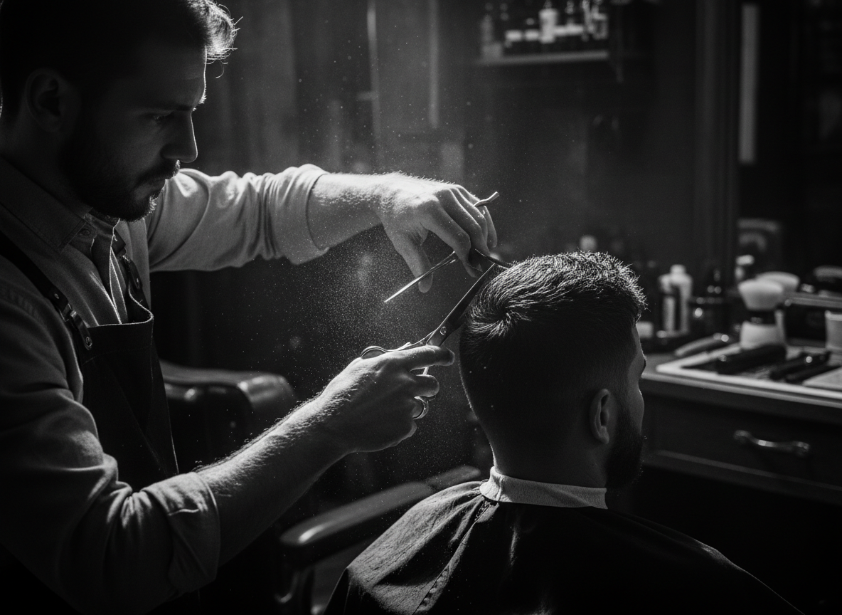 Barber's hands precisely cutting dark hair with professional scissors
