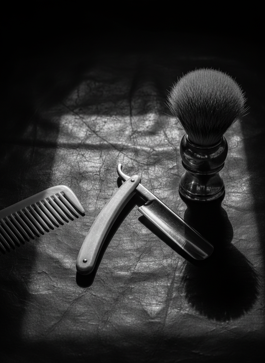Classic barber tools on dark leather