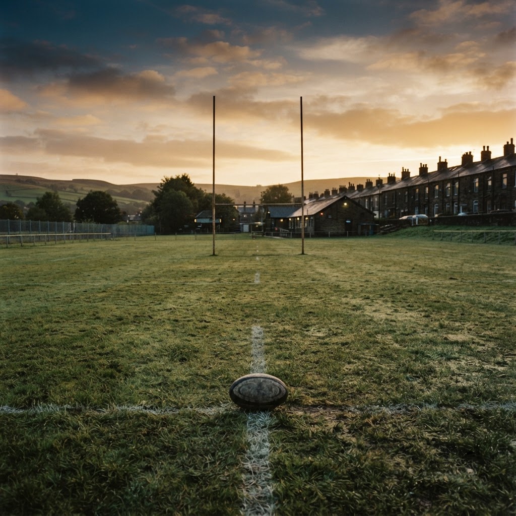 Community rugby pitch at golden hour — reflecting The Barber Shop's local sponsorship