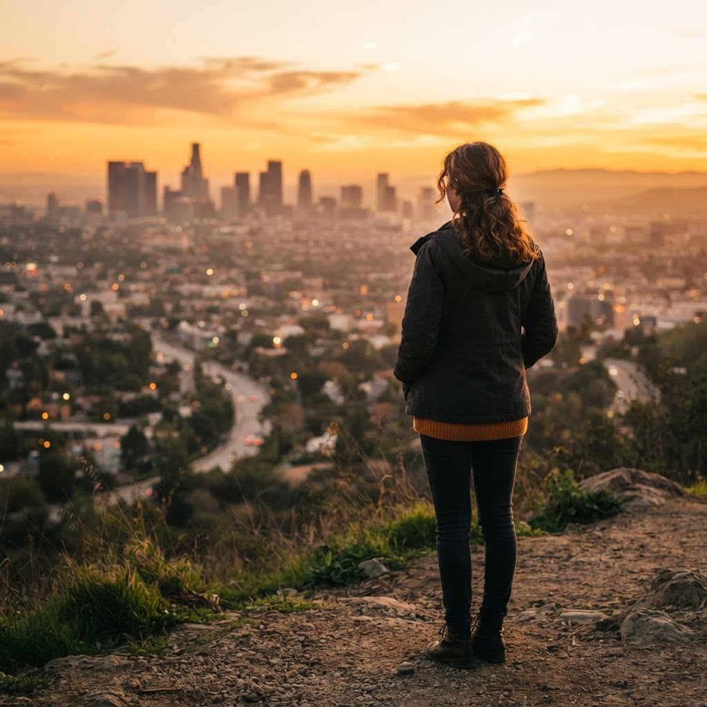 A young person looking toward the horizon at golden hour