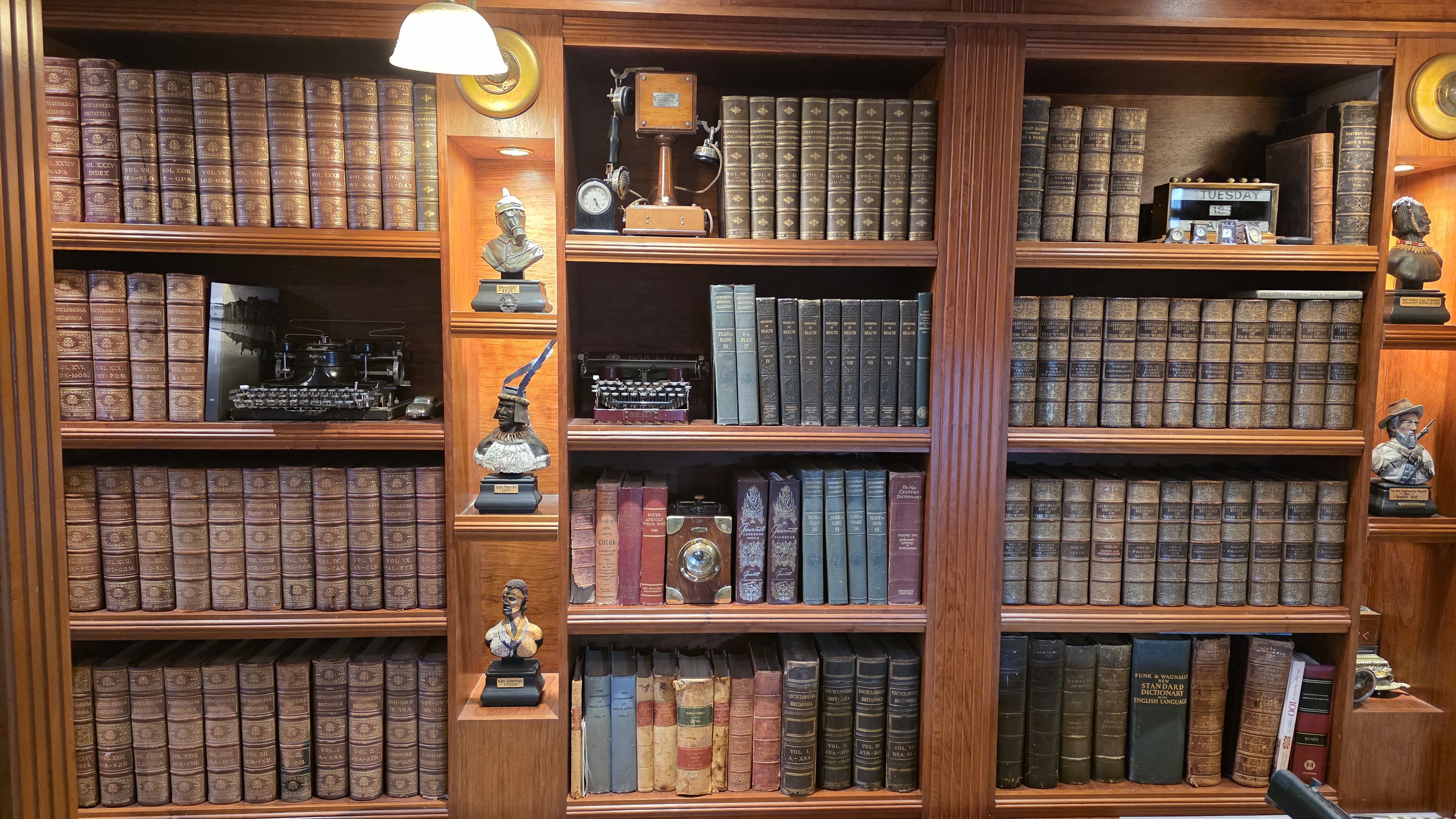 Antique library shelves lined with leather-bound books