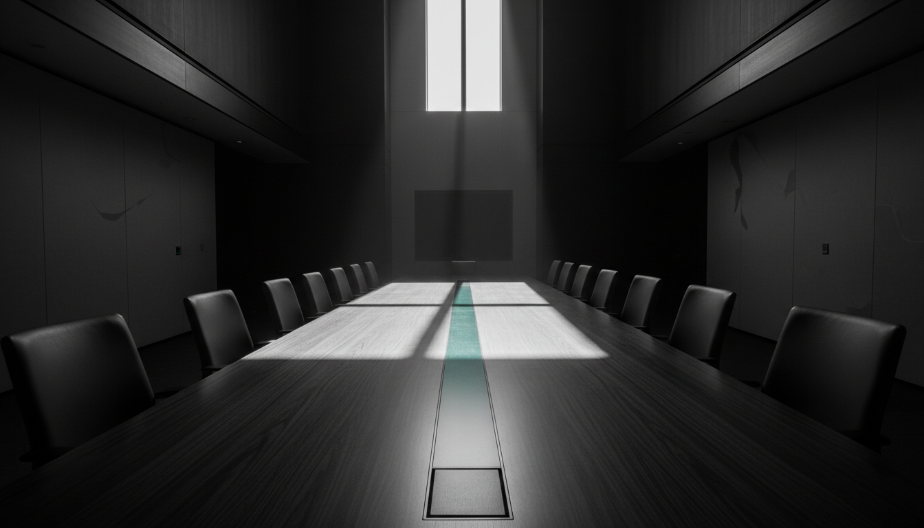 Empty boardroom with a single beam of light