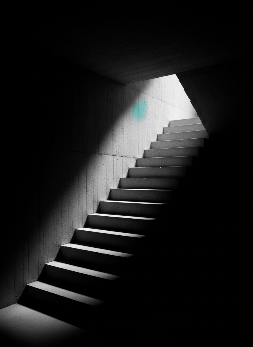 Brutalist staircase descending into light