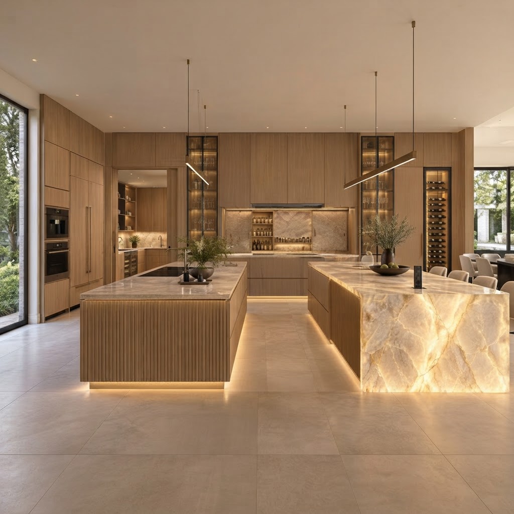 Five-star custom kitchen showcasing illuminated natural stone and precision oak cabinetry