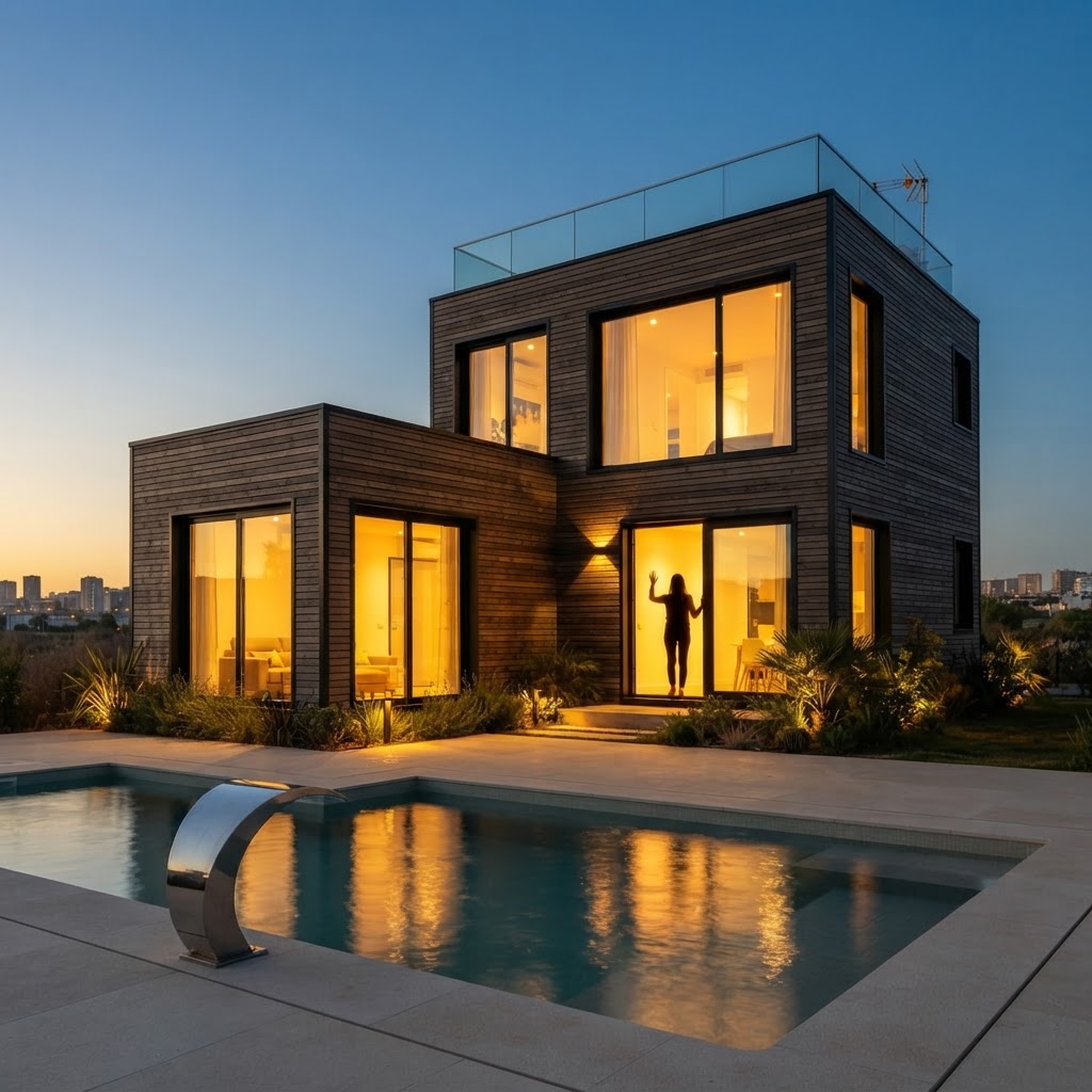 MMG modular home at dusk, warm and welcoming