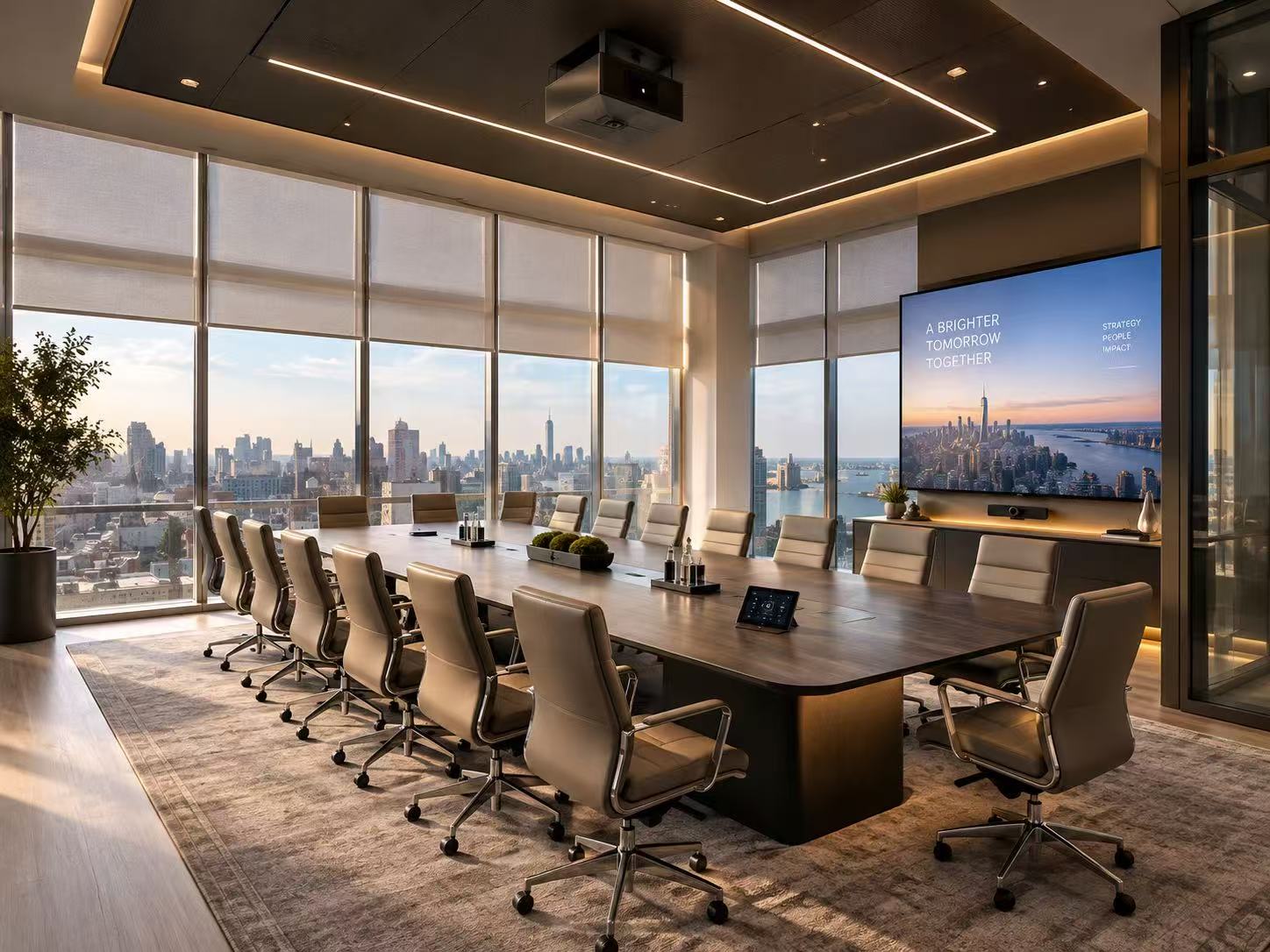 Luxury executive boardroom with panoramic skyline views and integrated technology