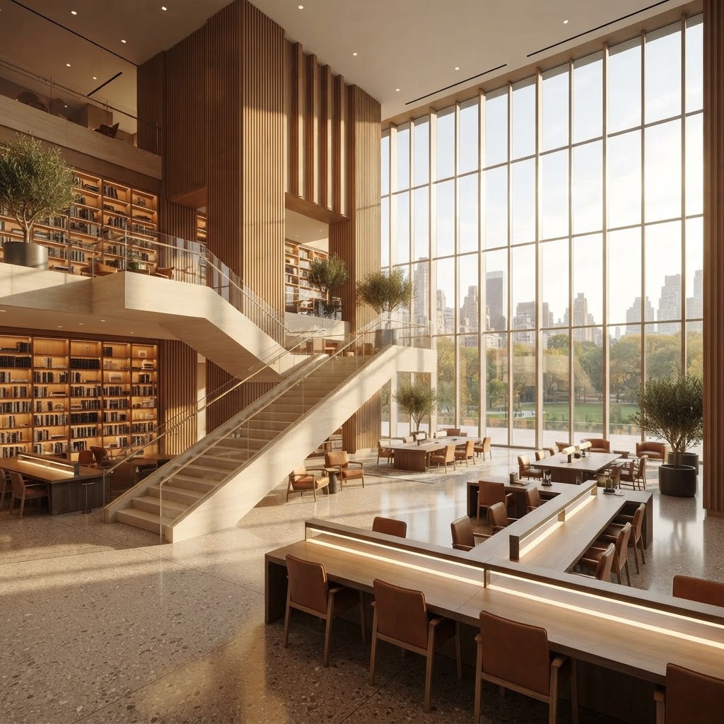 Prestigious modern civic library with a soaring timber and stone atrium