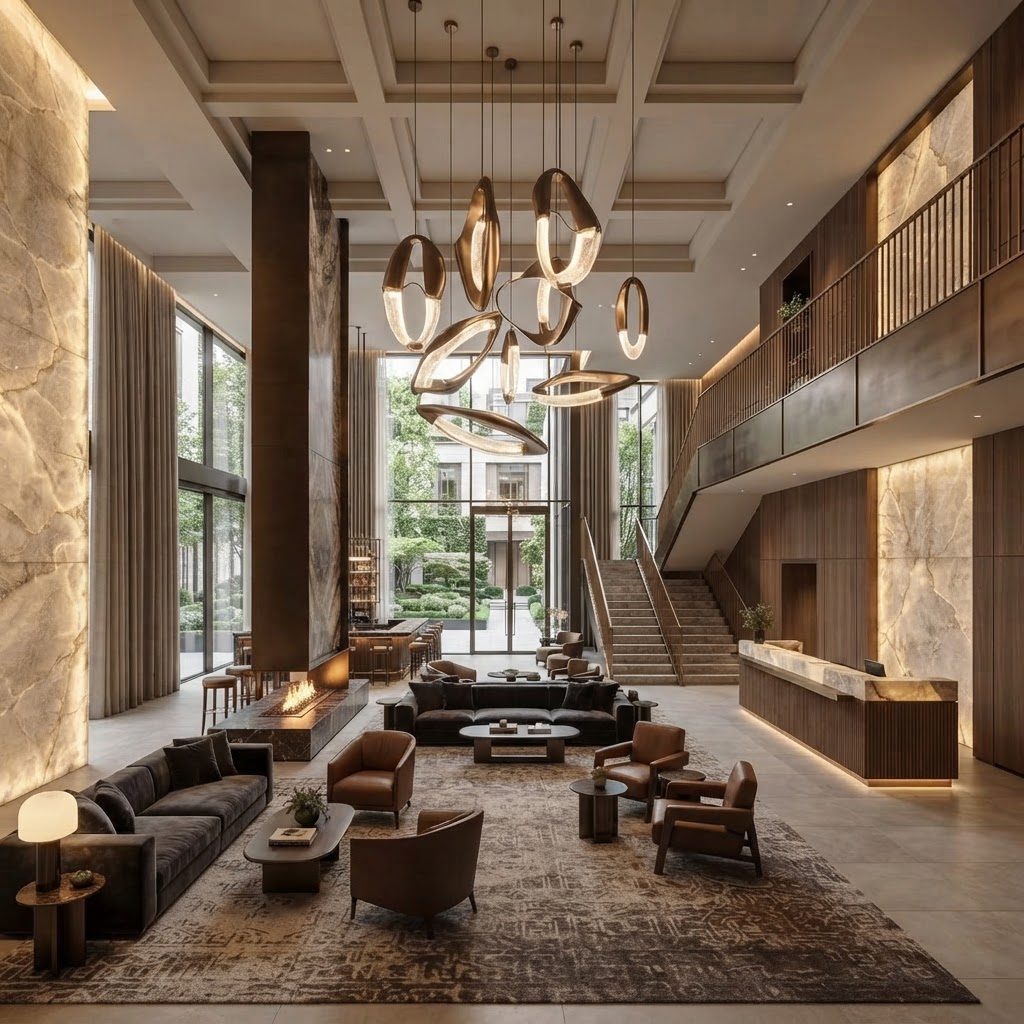 Five-star hotel lobby with sculptural lighting, luminous stone and tailored furnishings