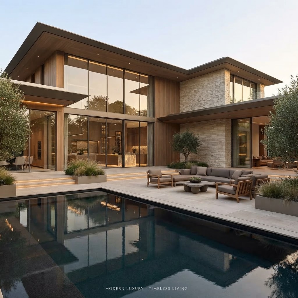 Five-star modern custom residence with warm stone, timber and landscaped outdoor living