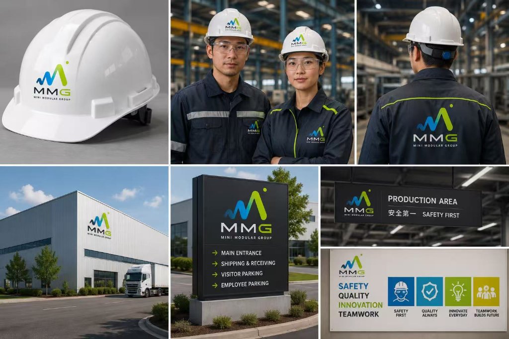 MMG branded safety helmets, factory workwear, and facility signage