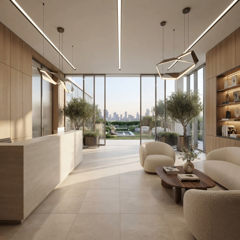Five-star private healthcare reception with warm timber, stone and calm natural light