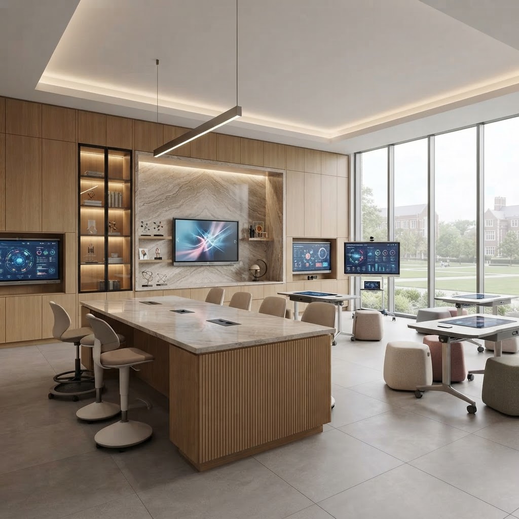 Premium contemporary learning environment with flexible spaces and refined natural materials