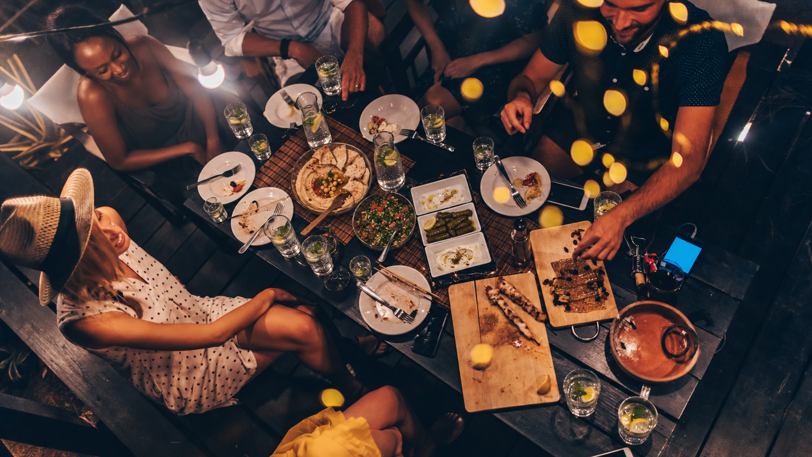 Community gathering around shared food