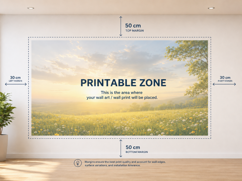 Diagram showing the printable zone on a wall with top, bottom, left and right margins