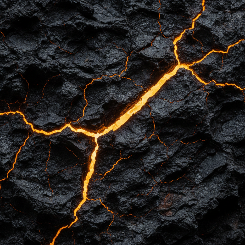 Volcanic rock with molten amber light glowing through fissures
