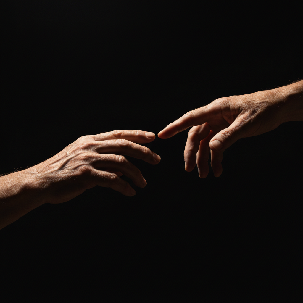 Two hands reaching toward each other in amber light against dark background