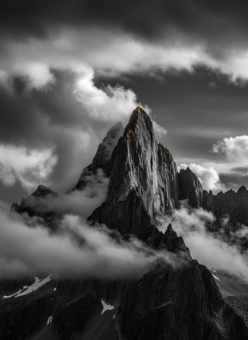 Sharp mountain peak cutting through storm clouds with amber highlights
