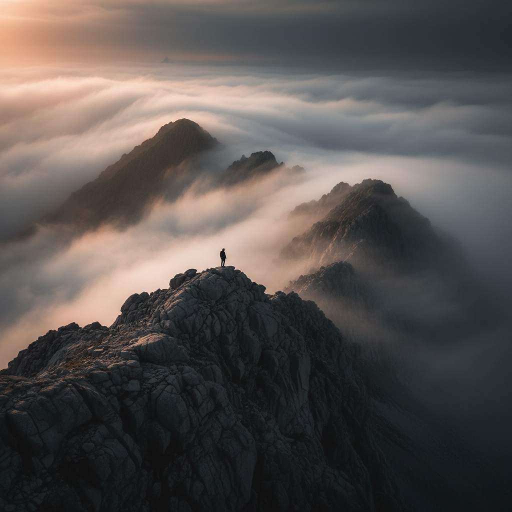 Solitary figure on mountain ridge in fog with amber sunrise