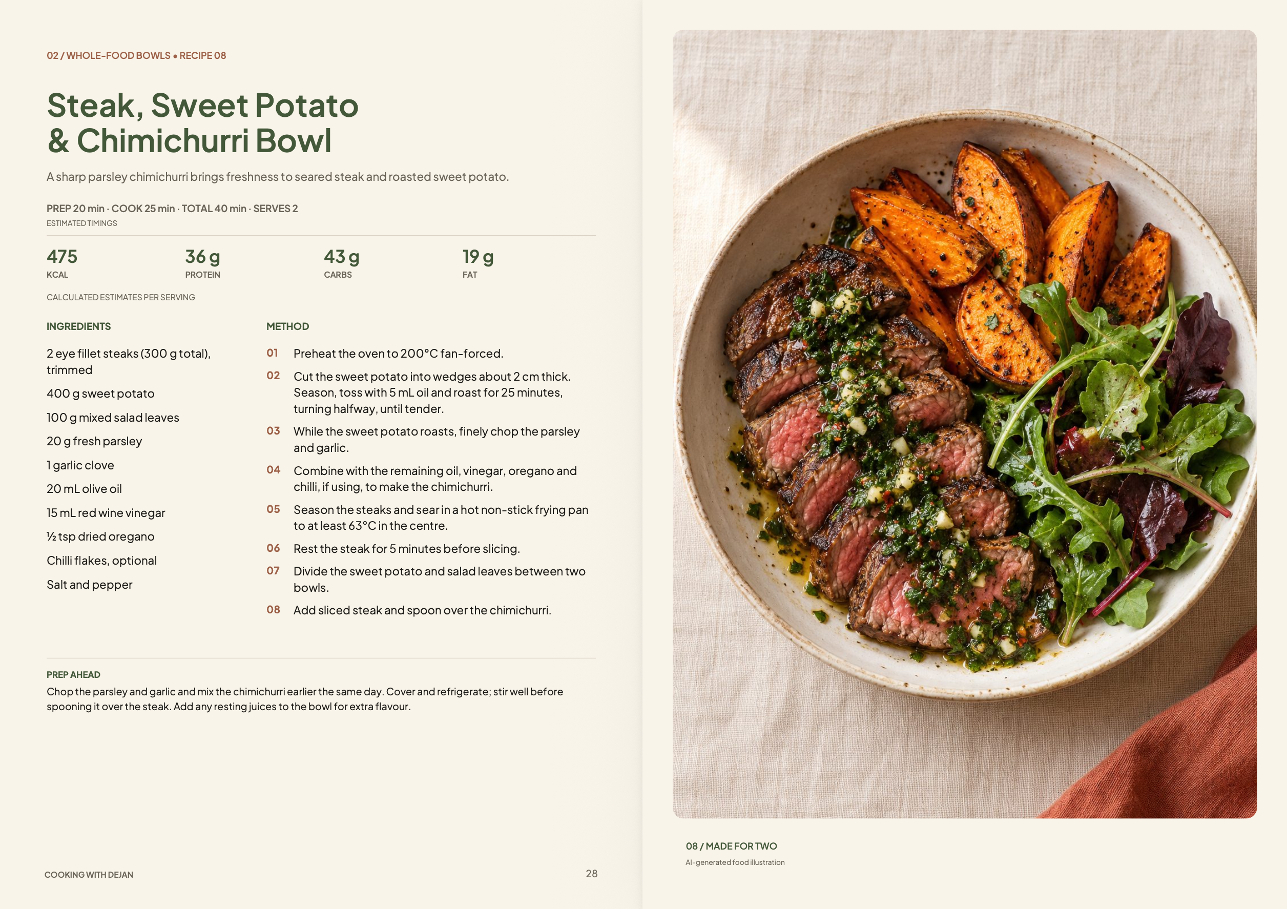Steak, Sweet Potato & Chimichurri Bowl recipe spread