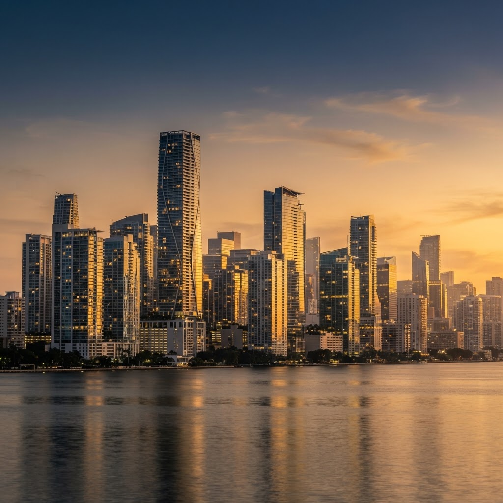 City skyline at sunset