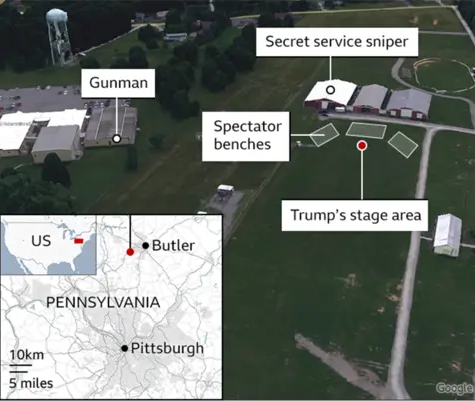 Aerial diagram of Butler Pennsylvania shooting area showing gunman position AGR building Secret Service sniper position Trump stage spectator benches