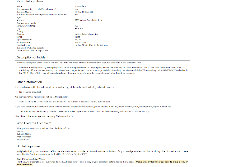FBI IC3 complaint form showing Brian Wilson's report of business impersonation and billing fraud