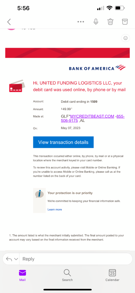 Bank of America fraud alert showing $49.99 charge from GLF*MYCREDITBEAST.COM, AL