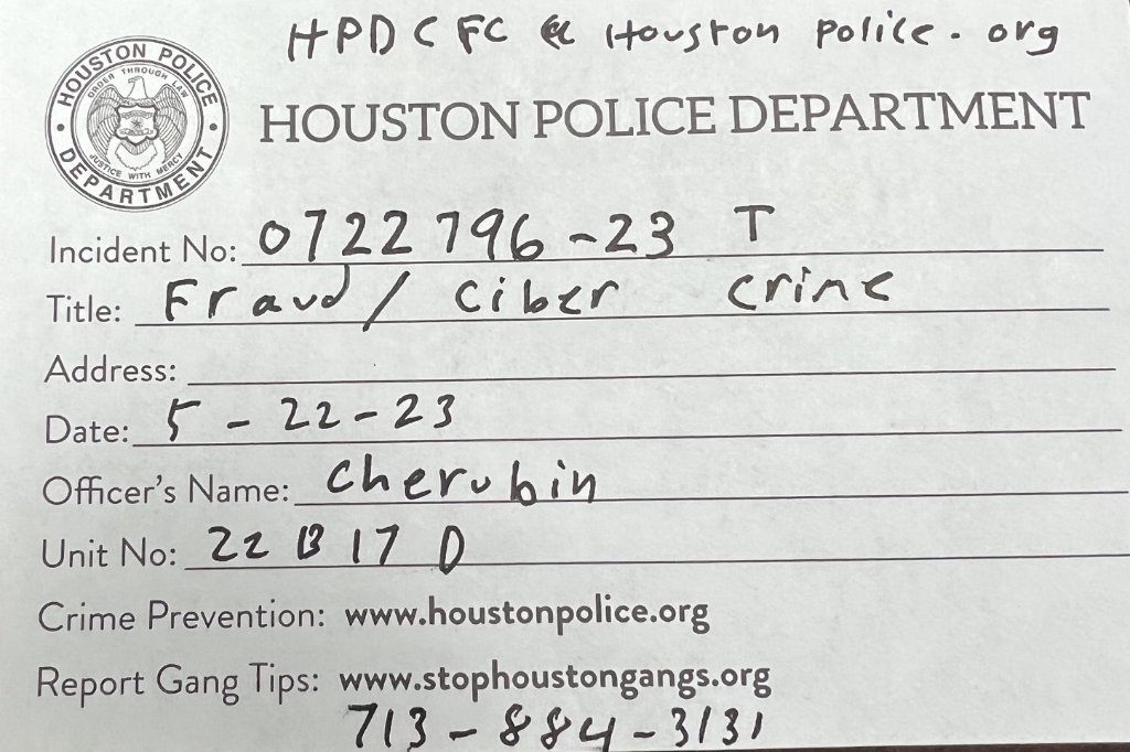 HPD incident card showing fraud/cyber crime report