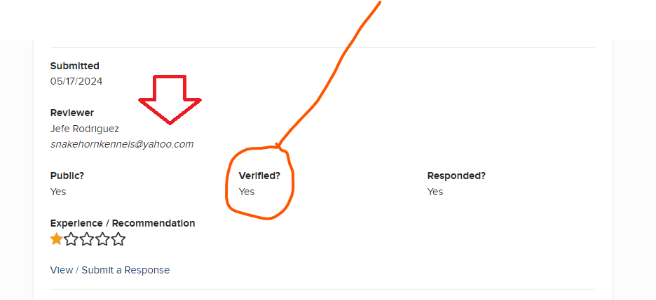 BBB review portal showing fake review from John Charles marked Verified: Yes