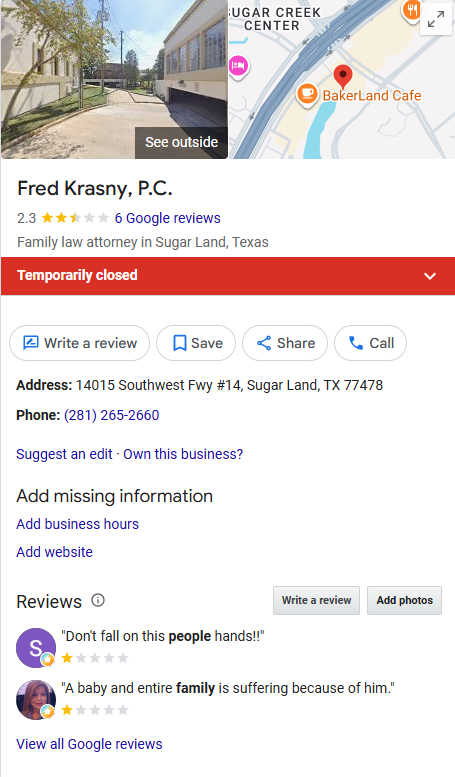 Google Business Profile for Fred Krasny, P.C., Family law attorney in Sugar Land, Texas, showing 2.3 star rating, Temporarily closed banner, and negative reviews