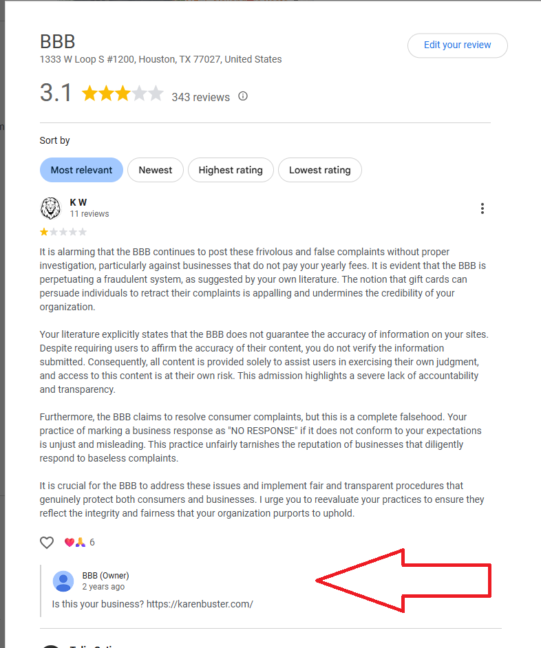 Google review by K W and BBB owner response linking to karenbuster.com