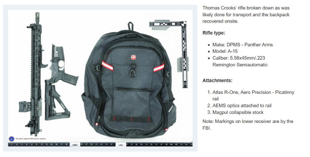 Thomas Crooks rifle broken down for transport and Swiss backpack recovered at scene FBI forensic photo