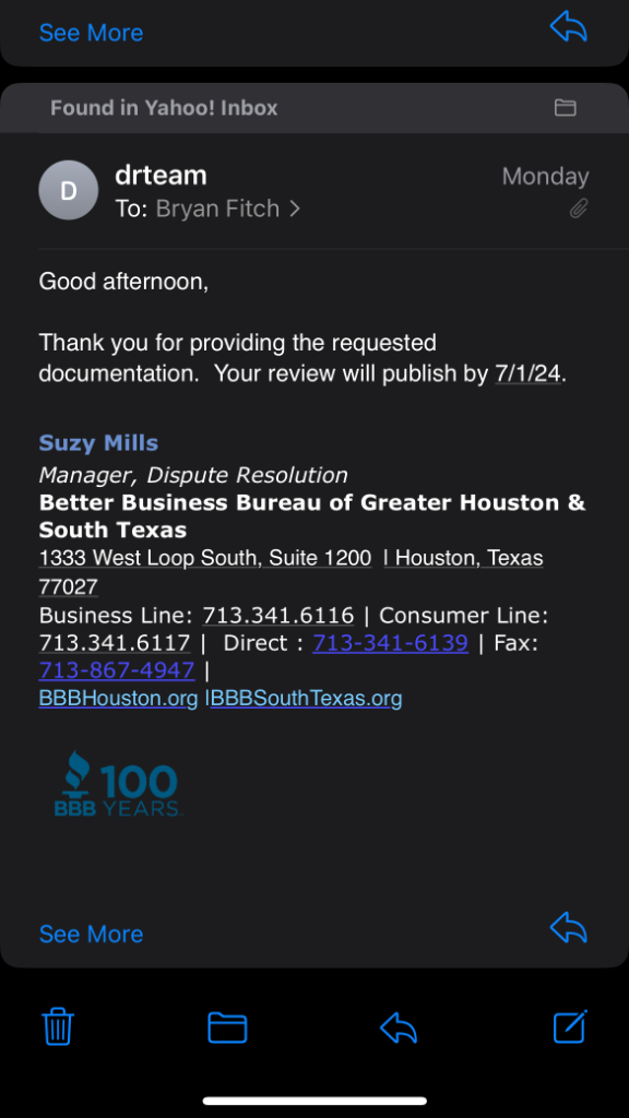 BBB correspondence with Bryan Fitch regarding review suppression