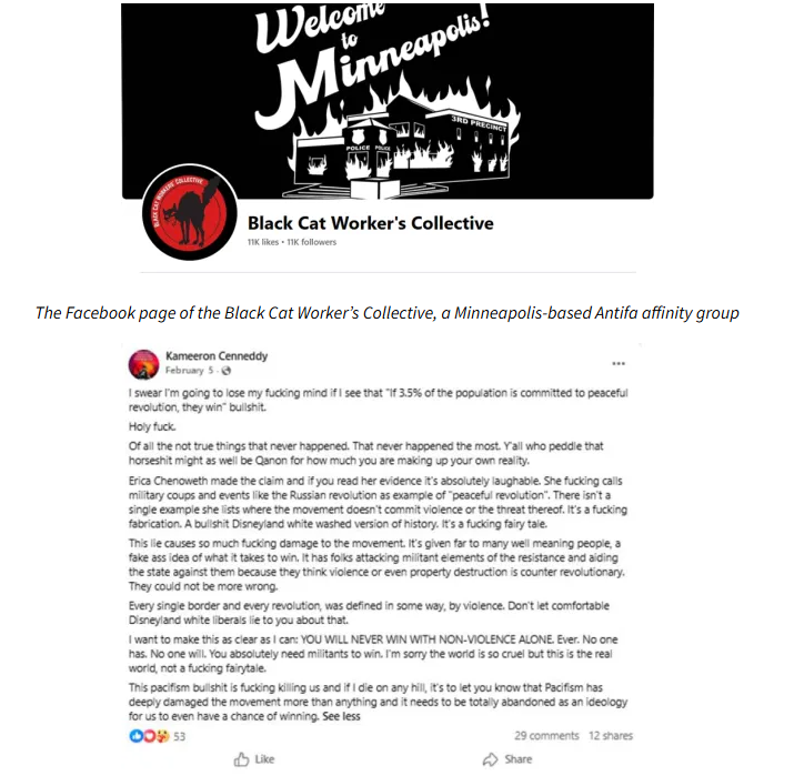 Black Cat Worker's Collective Facebook page showing burning Third Precinct and Kennedy post