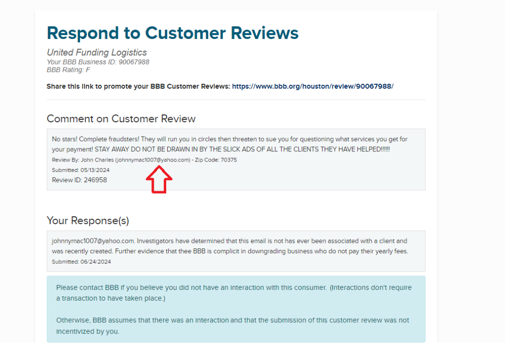 BBB review portal showing fake review from Jefe Rodriguez marked Verified: Yes