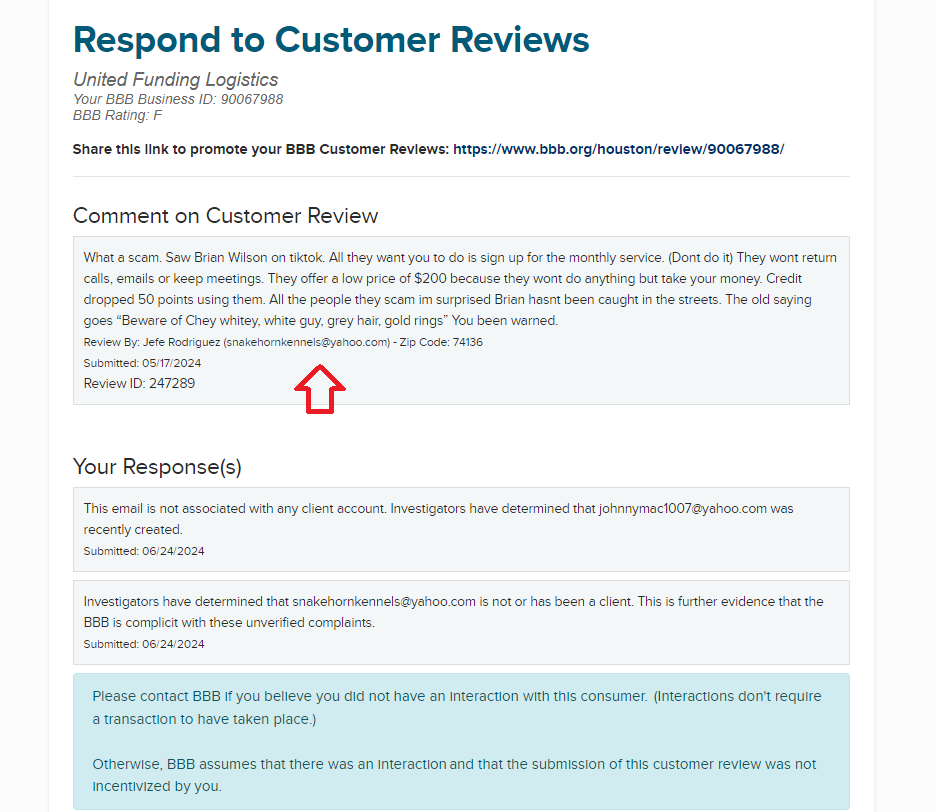 BBB review portal showing Verified status and UFL response