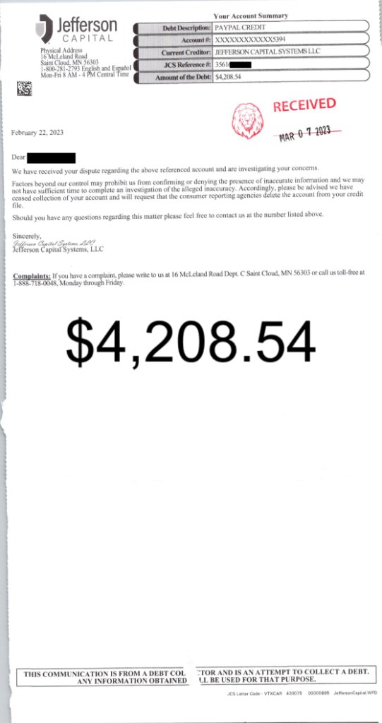 Debt collector response letter