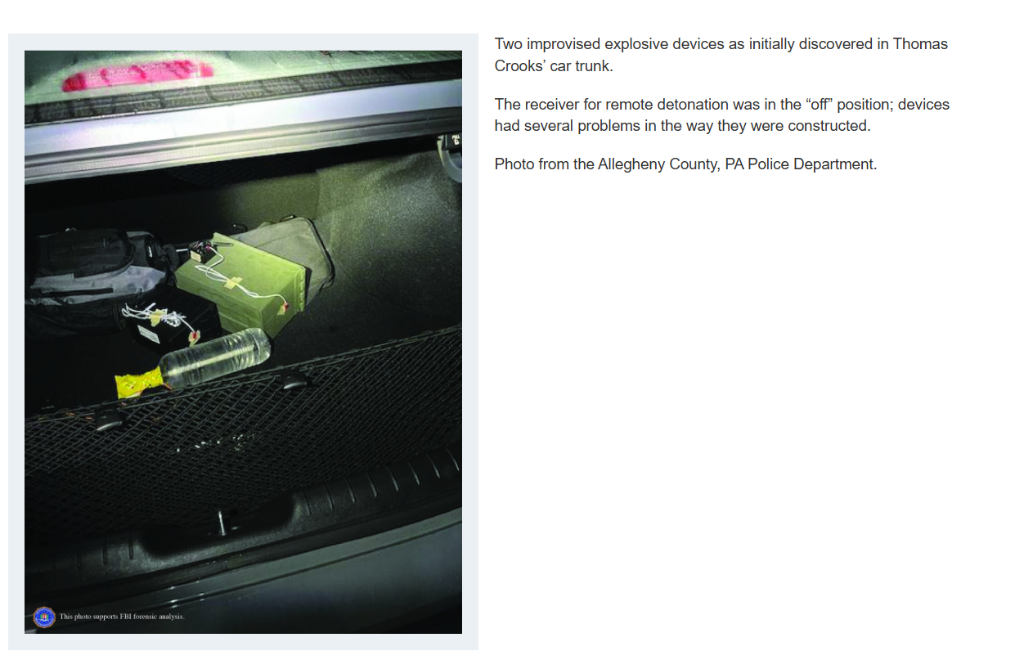 Two improvised explosive devices discovered in Thomas Crooks car trunk Allegheny County Police FBI photo