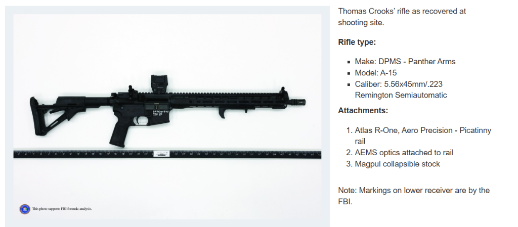 Thomas Crooks rifle DPMS Panther Arms A-15 556 as recovered at shooting site FBI forensic photo